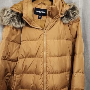 Lands' End Women's Tan Puffer Coat with Faux Fur Hood